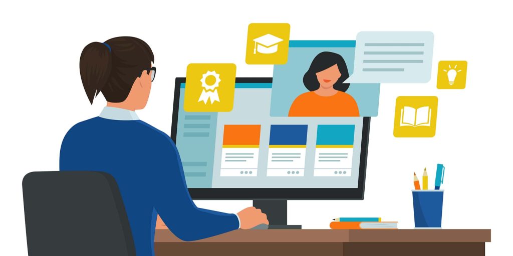 How Online Training Can Improve Construction Site Compliance - this graphic shows a person sat at a laptopn engaging in online training