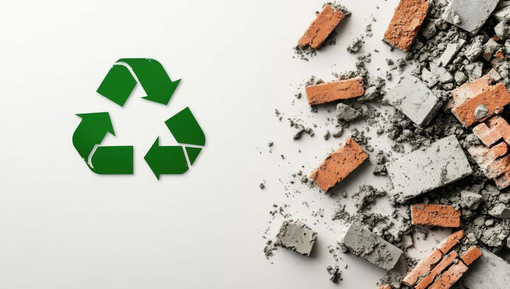 how to track and reduce construction waste - this image shows the recycling logo and construction waste.